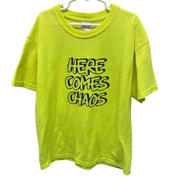 Hand Printed Upcycled Youth Medium Here Comes Chaos Neon Yellow Tee Shirt - Picture 1 of 4